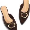 Coutgo Womens Mules Flats Closed Pointed Toe Slip On Slides Office Work Dress Shoes with Metal Buckle, Chocolate Suede, Size 6.5