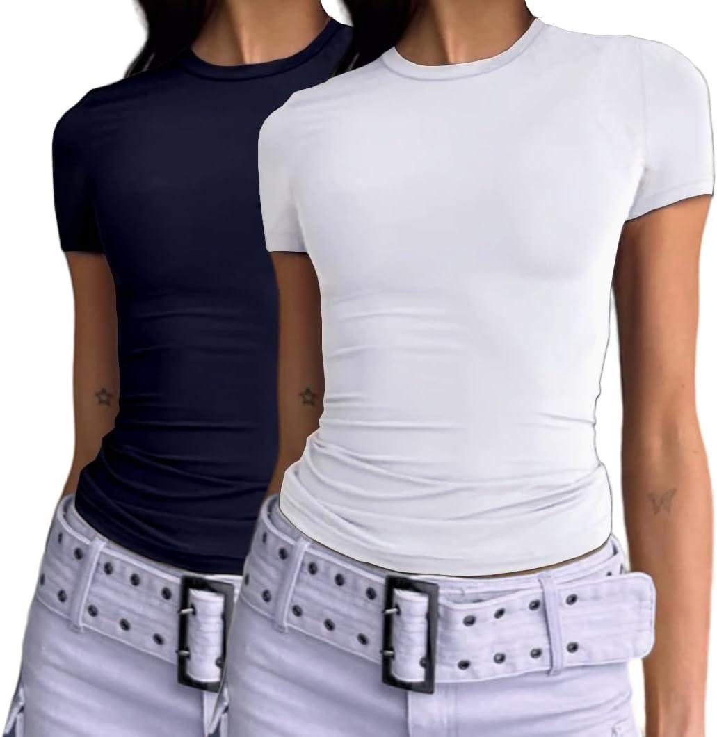 Dwnval Womens 2 Piece Sexy Casual Short Sleeve Crewneck Shirts Summer Slim Fit Cute Crop Tops (M)