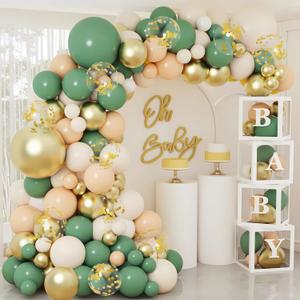 Sage Green Baby Shower Decorations for Boy or Girl - 136pcs Baby Shower Decor, Baby Shower Balloon Boxes with Green Gold Balloon Arch Garland Kit, Safari Jungle Baby Shower, Boy Girl Birthday Party