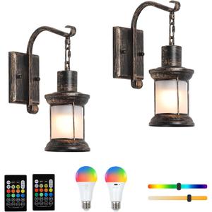 HMVPL Rustic Battery Operated Wall Sconce Set of 2, Wireless Wall Sconces with Remote Control, Rechargeable RGB Bulbs, Dimmable Retro Wall Lamp for Bedroom, 8 Colors Vintage Wall Light for Living Room