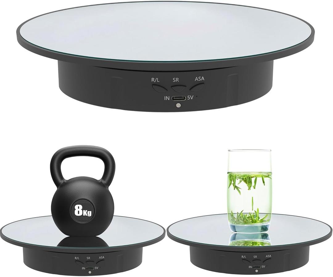 Electric Turntable, 360 Degree Adjustable speed Revolving Base for Photography,Jewelry,3D Models,Watch, USB Power Supply,Motorized Turntable/7.8 inches/Load 17 LB (Black Mirror)