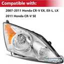 Headlights for 2007 2008 2009 2010 2011 Honda CR-V EX EX-L LX SE | Chrome Housing Amber Reflector Halogen Headlamps, Replaces 33151SWAA01 and 33101SWAA01