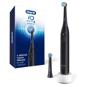 OralB Rechargeable Electric Toothbrush, iO2 Starter Kit, 3 Cleaning Modes, Automatic Pressure Sensor to Protect Gums, 2 Brush Heads, Night Black