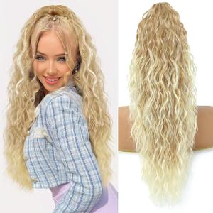 LEDIZE Ponytail Extension, Claw Clip on Pony tails Hair Extension for Women 22 Inch Long Wavy Curly Fake Ponytail Clip in Hair Pieces for Women Fluffy Natural Looking (Blond To Light Blonde)