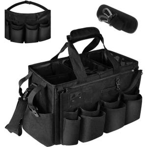 Large Cleaning Caddy Tote with Removable Divider, Heavy-Duty Wearable Apron Organizer with Pockets for Housekeeping, Cleaning Supplies, Tools (Black)