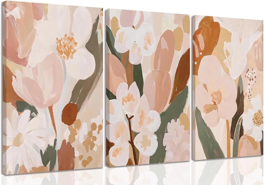 YUFEIART 3 Piece Abstract Floral Canvas Wall Art Boho Flower Wall Art Botanical Pictures Wall Decor Neutral Art Prints for Bedroom Living Room Home Office 16"x24"