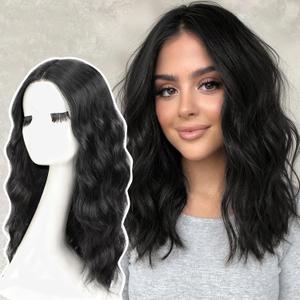AISI HAIR Beginner Friendly Wigs Natural Black Wig for Women Medium Length Wave Curly Glueless Synthetic Heat Resistant Hair Wigs for Daily Party Cosplay (18 Inch)
