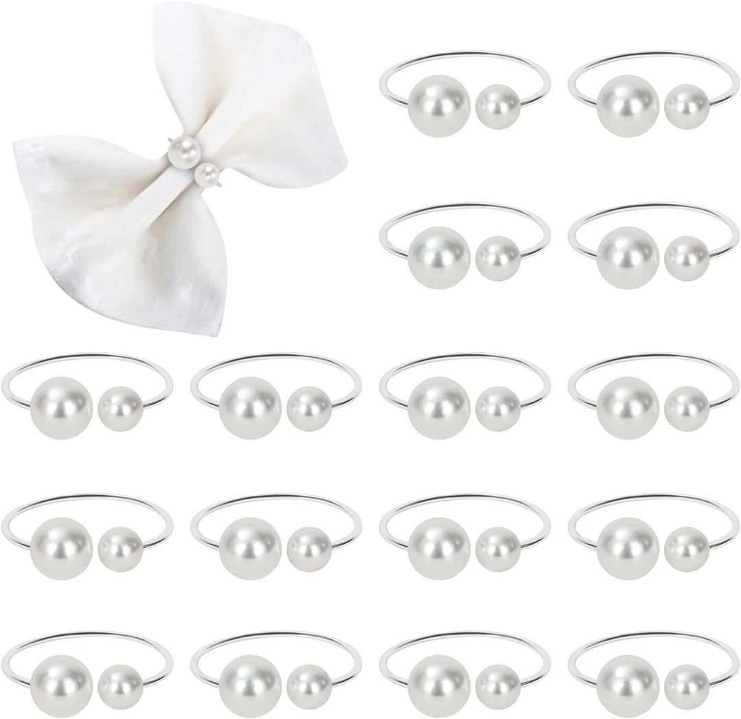 KPOSIYA Pearl Napkin Rings - Set of 12 Silver Napkin Holder Table Napkin Buckles for Dinning Table Setting Christmas Wedding Party Supplies (Silver 12)