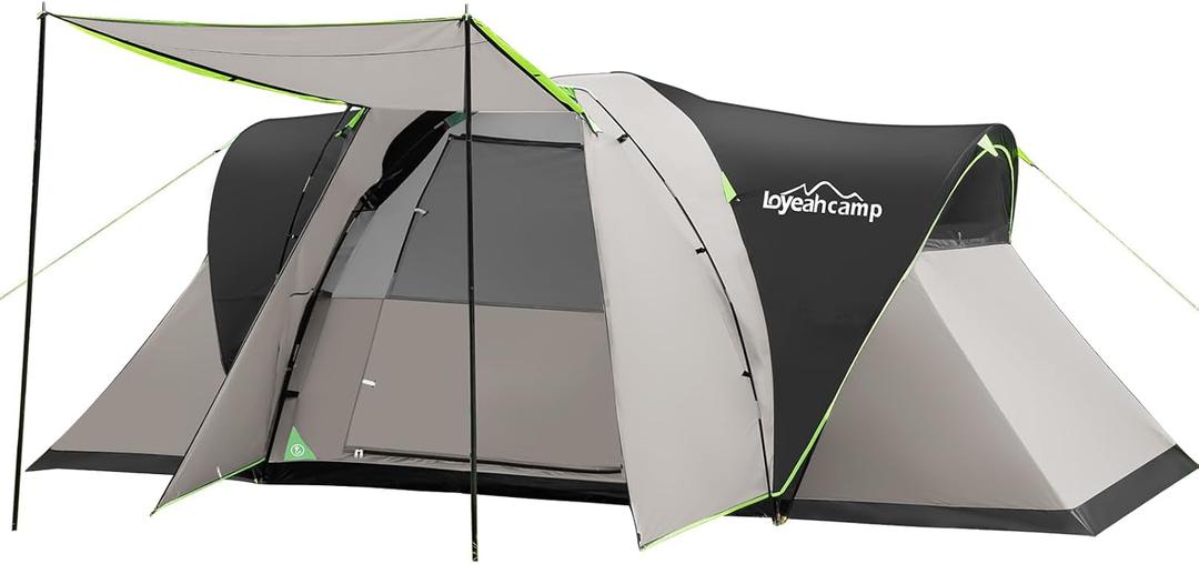 8 Person Larger Extended Dome Camping Tent with 3 Rooms, Waterproof Semi-Freestanding Family Outdoor Tent with Spacious Interior and Mesh Windows