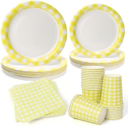 PCLMLES 96Pcs Yellow and White Gingham Plates and Napkins and Cups Plaid Paper Plates for 24 Guest Picnic Wedding Baby Shower Tea Kids Birthday Party Supplies Decrations