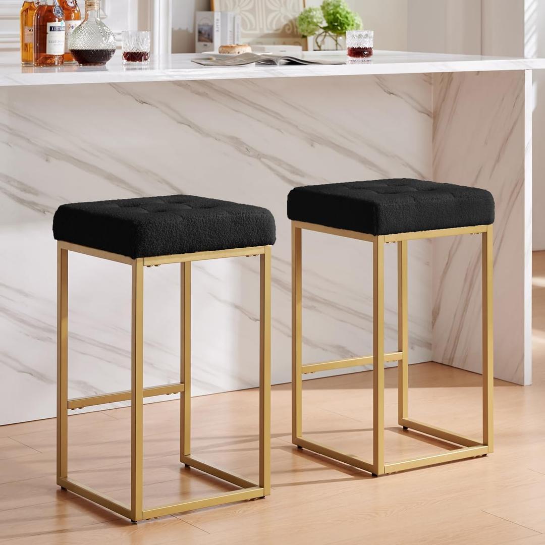 24KF Contemporary Counter Height Bar Stool Set of 2 for Kitchen Island, 26" H Teddy Fabric Padded Gold Barstool Bar Chair,5066-Teddy Black (Barstool with Square Style Base- 2 pack)