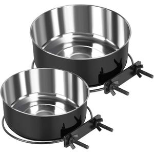 2 Pcs Black Large Pet Dog Food Water Bowl for Cage Stainless Steel Non-Spill Kennel Hanging Cats Bowls with Clamp Holder Crate Feeder Dish for Medium Large Dogs Huge Pets (7.1x2.5'' & 6.3x2.4'')
