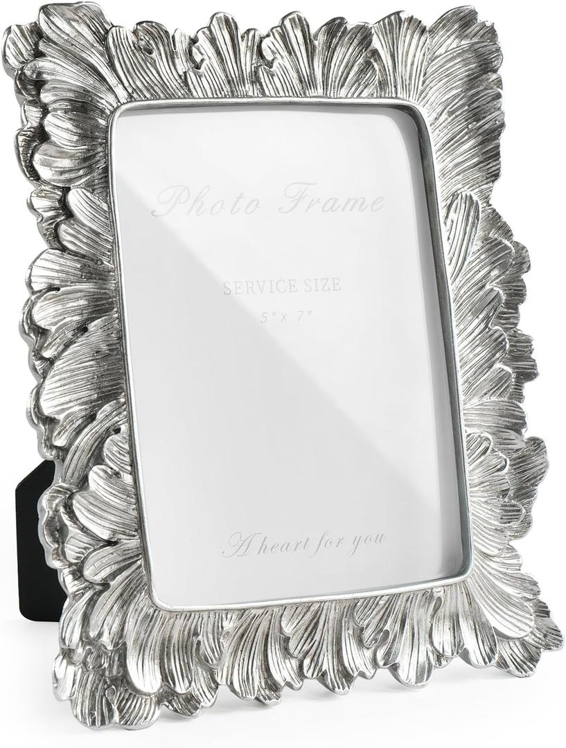 Cuspin 5x7 Picture Frame Silver Frames, Vintage Elegant Palm Leaves Textured Hand-Crafted Resin with Glass Front Retro Design Photo Frame for Wall Hanging and Tabletop Display Home Decor