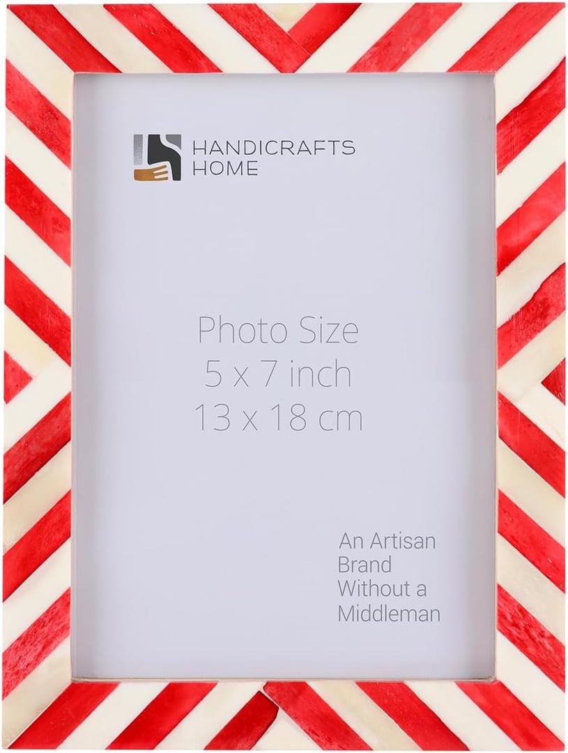 Handicrafts Home Red Picture Frame  5x7 Handmade Chevron Bone Inlay Photo Frame for Christmas Decor, Holiday Gifting, Valentines Day Decor, Colorful Farmhouse Wall Decor, Boho Shelf Styling, Rustic Home Decor & Living Room Picture Frame (Red-0.75)