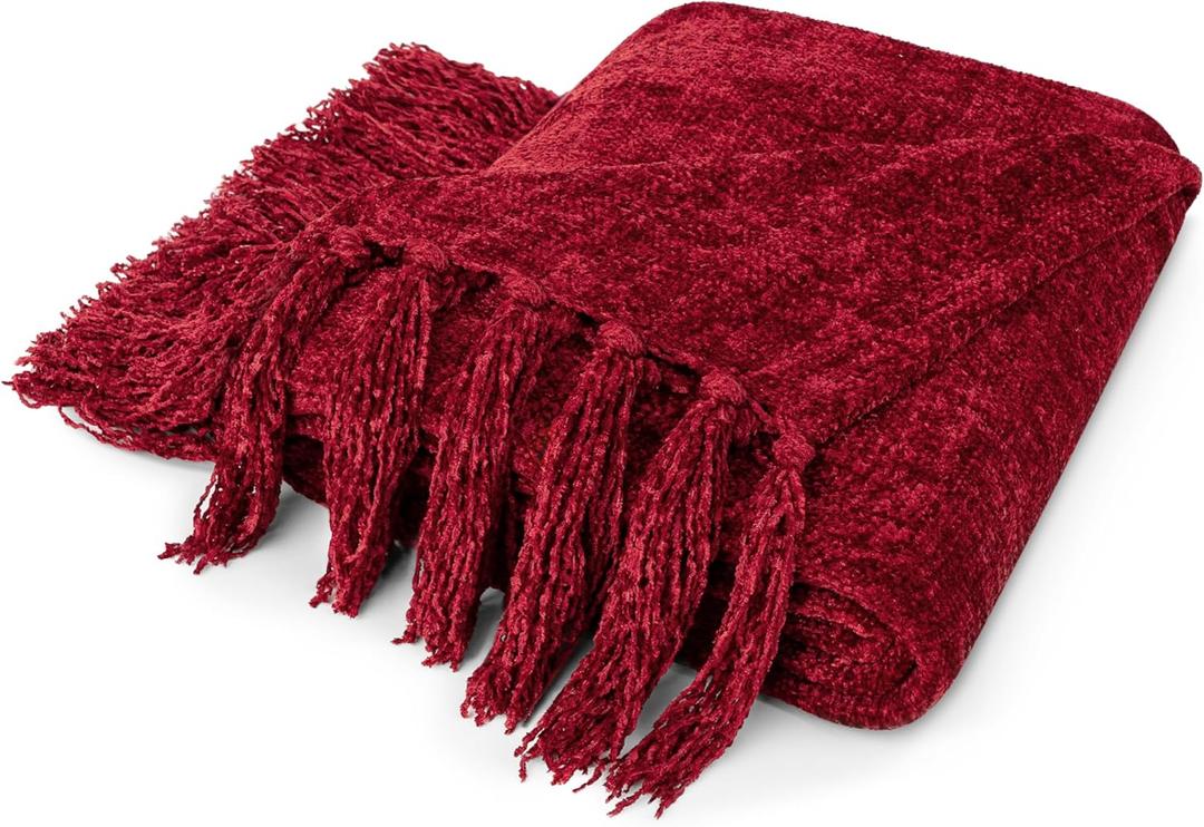 PAVILIA Burgundy Red Throw Blanket for Couch and Bed, Chenille Woven Soft Knit Maroon Blanket with Tassel, Decorative Textured Blanket for Living Room, Wine Red 60x80