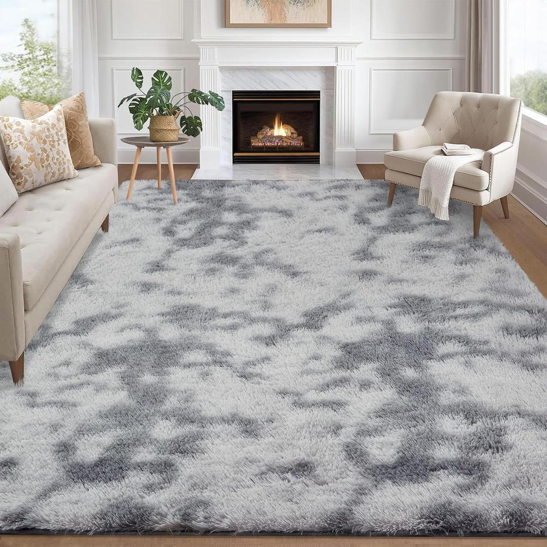 GarveeHome 6x9 Shag Area Rug, Ultra Soft Fluffy Rug for Living Room Bedroom, Machine Washable Indoor Carpet, Non-Slip Bedside Rug for Kids Boys Girls Nursery Dorm Home Decor, 6x9 Tie-Dyed Light Grey.