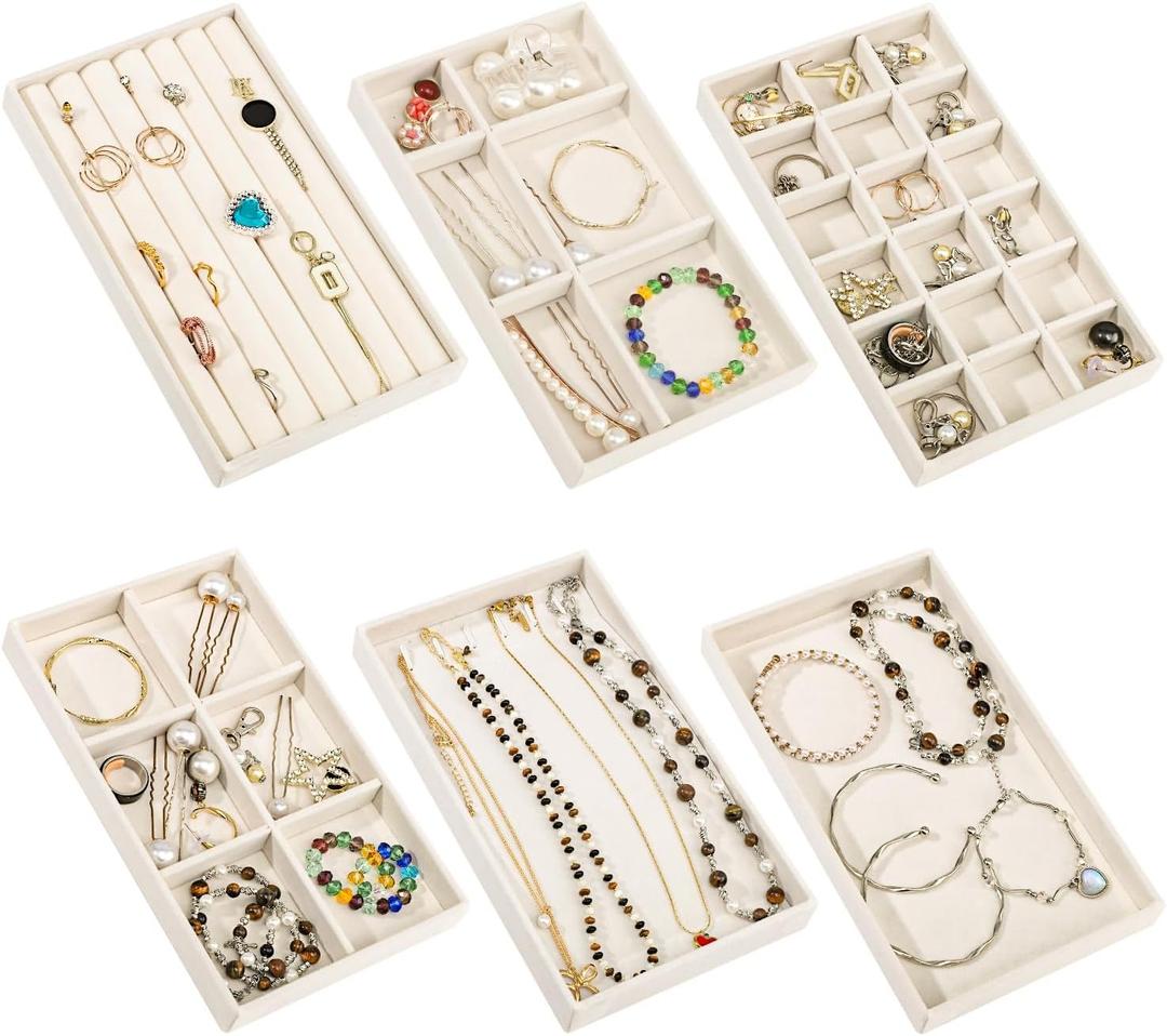 Stackable Jewelry Organizer Trays, 6 Set of Velvet Jewelry Drawer Insert Sets Organizer Trays Jewelry Display Case Storage with Removable Dividers for Earring Necklace Rings BraceletBeige