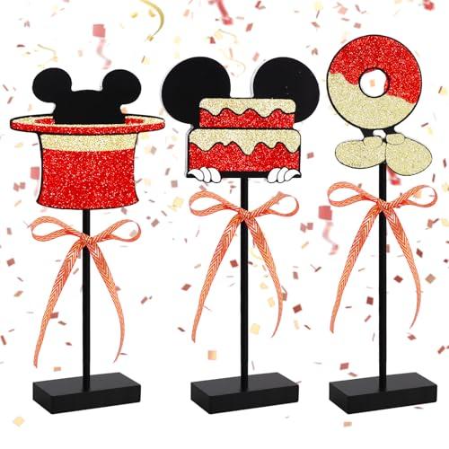 BAOOOFUL Red Gold Glitter Centerpieces for Mouse Theme Birthday Decorations,Wooden Signs Red Mouse Table Topper,Birthday Table Decorations for B-Day Party Decor and Party Favor(3 Pcs)