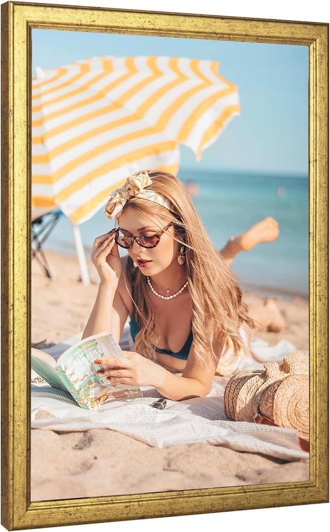 Wood 10x15 Frame Gold, Ornate Natural 15x10in Poster Picture Frame, Modern Golden 10 x 15inch Gallery Wall Photo Frame with HD Plexiglass, Horizontal Vertical Wall Mounting Display 1pcs