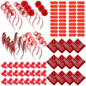 Canlierr 54 Pcs Team Spirit Items Bulk Team Spirit Week Accessories Include Pom Pom Headbands Bandana Whistles Stickers for Sports Events Cheering Essentials(Red)