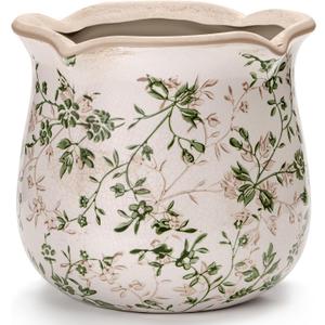 Vintage Ceramic Planter Pot with Drainage Holes, Green Floral Design, 6.11 Inch, Distressed Tuscan Style, Indoor Plant Pot and Vase (Sage Beige)