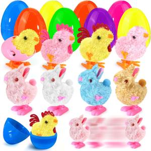 8 Pack Jumbo Easter Eggs Fillers with Wind Up Chicks Bunny Plush, Colorful Easter Plastic Egg with Wind Up Toys, Easter Basket Stuffers with Toys Inside, Easter Egg Hunt Party Favors for Kids Toddlers