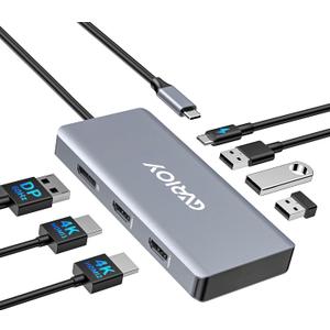 USB C to Dual HDMI Adapter, Multi Display Docking Station Dual Monitor with 2 HDMI, Displayport, 100W PD, 3 USB Ports, USB C Hub Multiport Dongle Compatible with MacBook/Dell/HP/Lenovo Laptops (Grey)