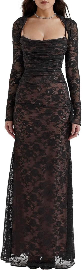 Women Cami Lace Maxi Dress Romantic Long Sleeve Lace Bodycon Dresses Elegant (Large, Black) Women Cami Lace Maxi Dress Romantic Long Sleeve Lace Bodycon Dresses Elegant (Large, Black)