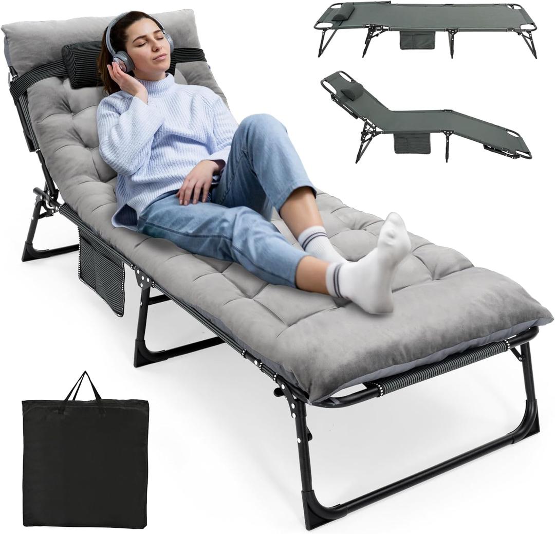 ropoda Camping Cot, Adjustable 4-Position Folding Cot with Cozy Mattress, Lawn Chair Camping Cots for Adults with Breathable Fabric Steel Frame, Lounge Chair for Camping, Spare Bed, Patio (Grey)