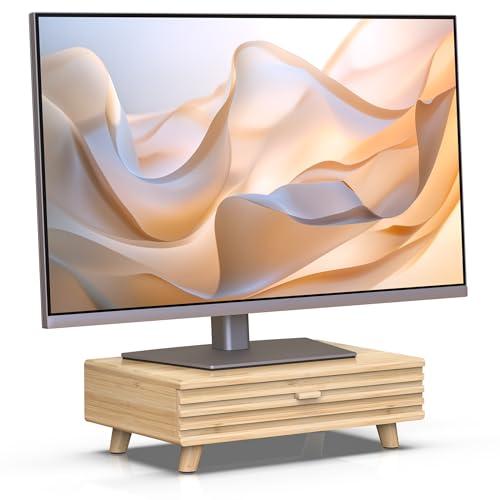 WELL WENG Bamboo Monitor Stand with Drawer - Desk Organizer with Cable Management & Storage, Ergonomic Laptop Riser for Home Office (220lbs Capacity, 15.7 inch ,Natural)