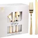 WDF 180 Pieces Disposable Plastic Gold Silverware Cutlery - Disposable Flatware Set 60 Forks, 60 Knives and 60 Spoons - Heavy Duty Gold Plastic Cutlery - Utensils for Party, Wedding