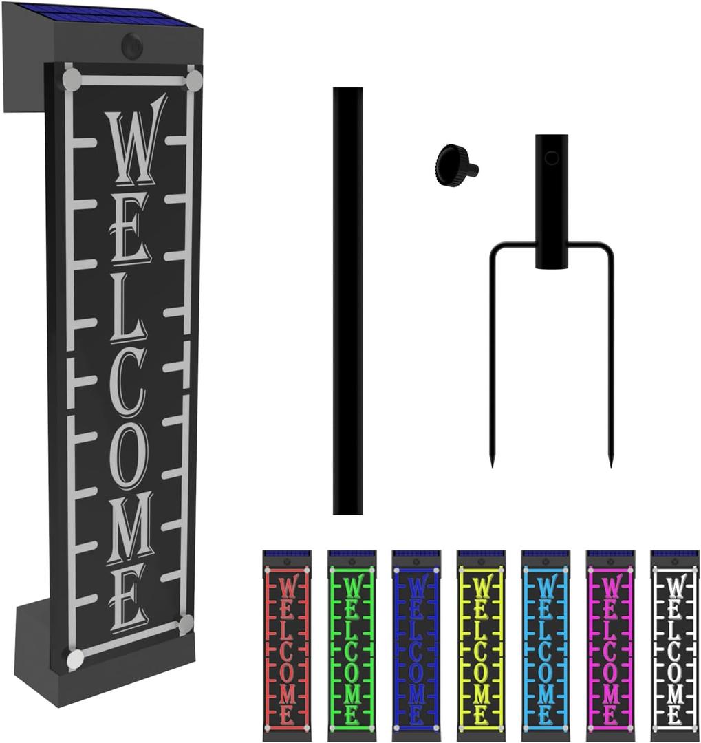 Illuminated Solar Welcome Sign for Front Door, Waterproof RGBW Color Changing, Lighted Pronch Welcome Plaque Solar Powered with Stakes for Yard Home Party Outside Decor (16x4 inch)
