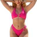 OYOANGLE Women's 2 Pieces Bikini Swimsuit Set Cute Heart Ring Textured Halter Bikini Swimwear (Large, Hot Pink Bright)