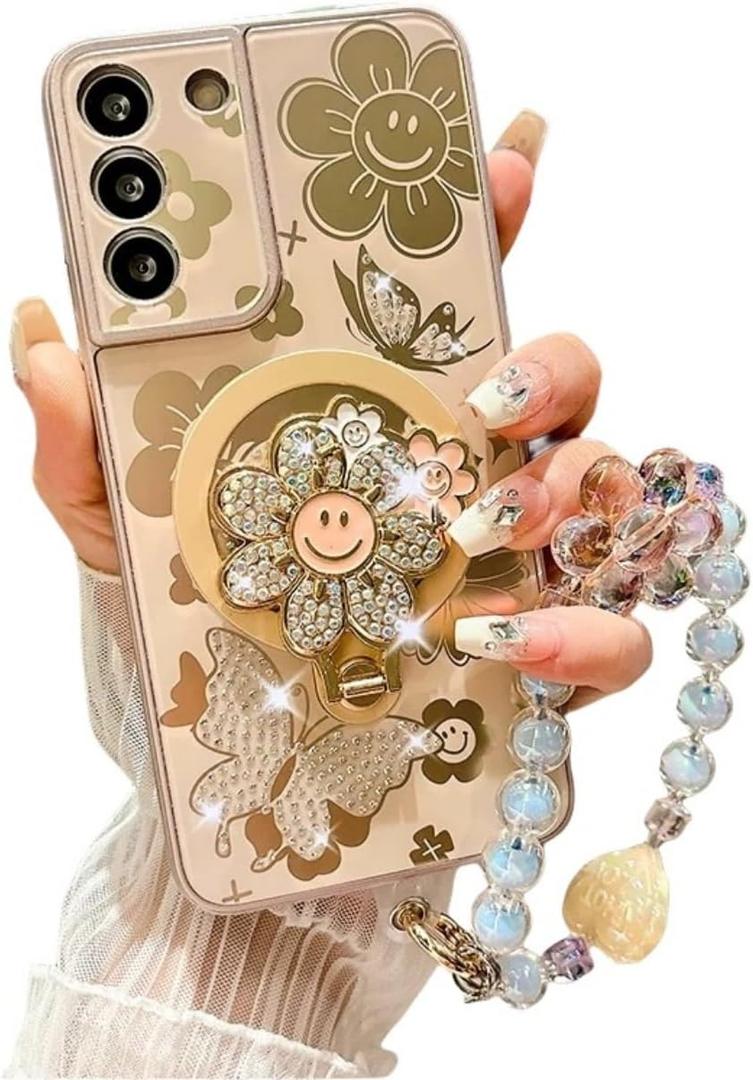 for Samsung Galaxy A16 5G Case for Women Girls with Phone Charm Strap[Compatible with Magsafe] [Camera Lens Protector][Bling Diamond Flower Kickstand] Cute Girly Phone Case for Samsung A16 5G Gold