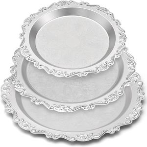 Rtteri 3 Pack Silver Serving Trays Set 8''/10''/12'' Vintage Embossed Round Coffee Table Platters Party Decor Metal Plates Silver Plated Ornate Jewelry Display Plates for Wedding Dessert Snacks Fruit