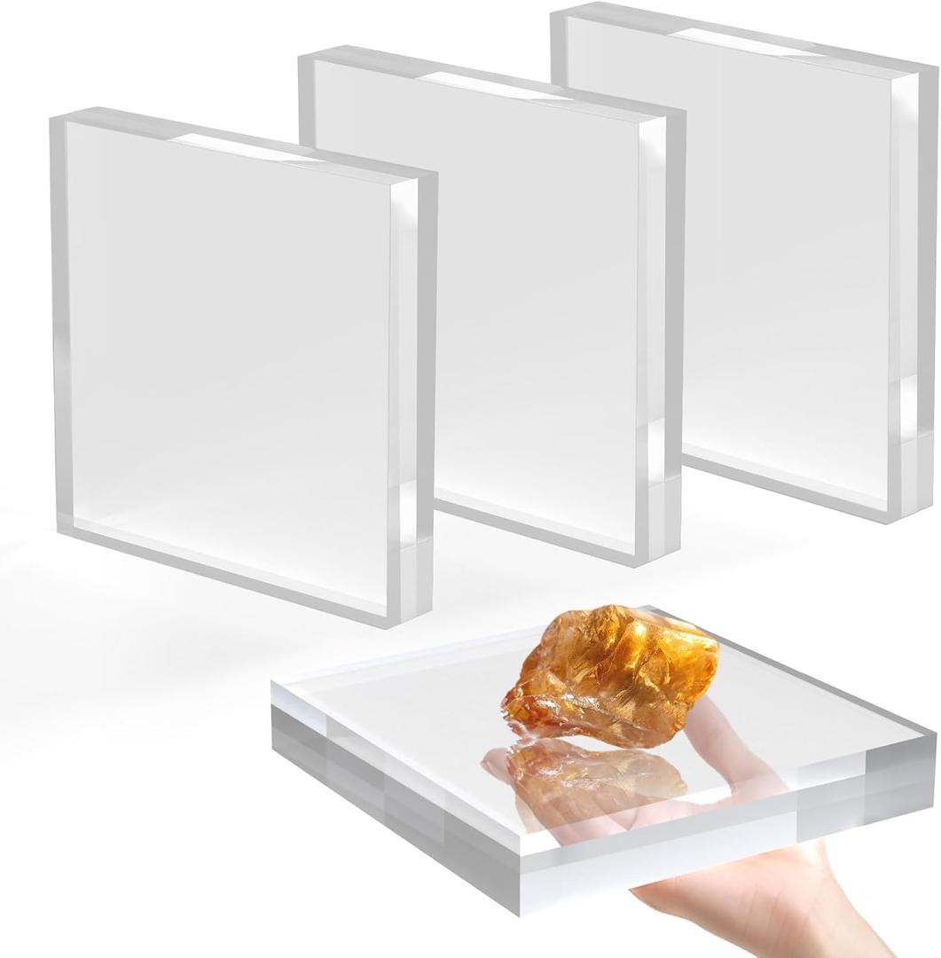 Acrylic Base Stand 4 Pack 6 X 6 X 1 Inch Acrylic Blocks for Display Trophy Base Clear Square Cube Riser Display Cylinder Pedestal Stands for Collectibles Jewelry Props Food Display