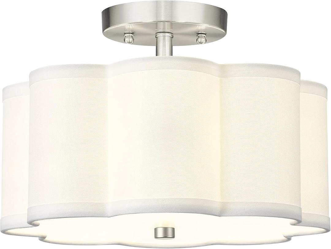 Semi Flush Mount Ceiling Lights, 3-Light 13" Ceiling Light Fixtures with Fabric Shade in Flower Shape, Brushed Nickel Drum Lighting for Nursery Hallway Bedroom Kitchen, AD-22007-3SF-SN, 12.6", Single Shade