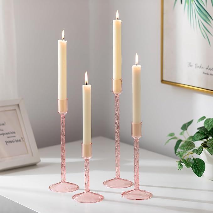 Glasseam Glass Candlestick Holders Pink: Set of 4 Tall Taper Candle Holders for Candlesticks Decorative Tapered Candles for Table Centerpiece Wedding Christmas Home Decor