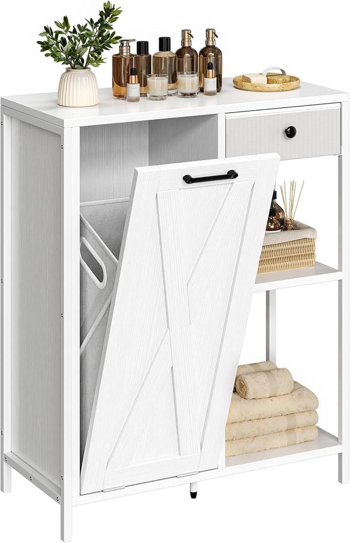DWVO Tilt Out Laundry Hamper, Laundry Room Cabinets with Shelves Laundry Cabinet with Removable Laundry Basket, Bathroom Storage Organizer Cabinet with Drawer, White