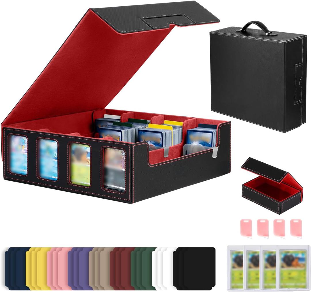 PU Leather Storage Case Fits with Display,3000+ Cards,4-Row Deck Case with Removable Lid,with1Dice tray for dice,24 Colorful Dividers & 4 Card Supporters forTCG Game Cards (Black/Red)