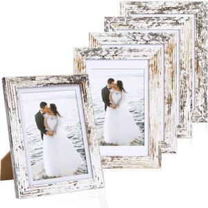 Fixwal 4x6 Picture Frames Set of 5 with Distressed White Wood Grain and HD Real Glass Cover, Vintage Photo Frames for Wall Decor Mounting and Tabletop Display