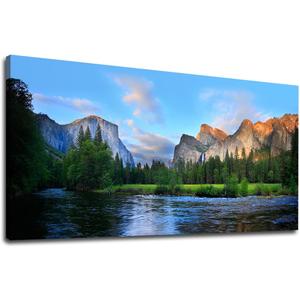 Canvas Wall Art Panorama of Yosemite Valley Painting Canvas Artwork Lake Mountain National Park Nature Pictures Framed Wall Art for Living Room Bedroom Office Wall Decor Home Decoration 29" x 58"
