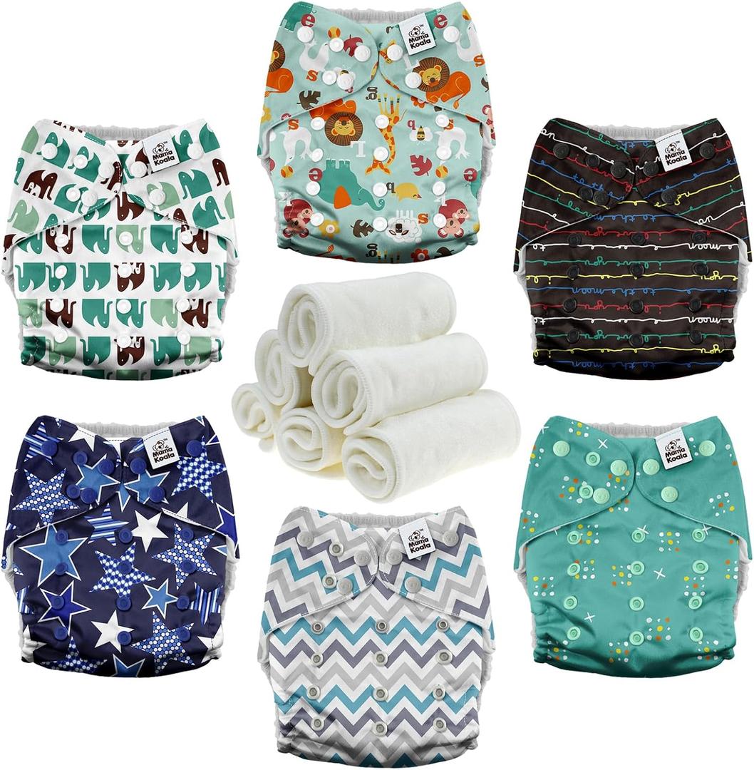 Mama Koala 3.0 Cloth Diapers for Babies with AWJ Lining, 6 Pack with 6 Natural Cloth Diaper Inserts - Reusable and Washable Pocket Diapers (Jagger-R)