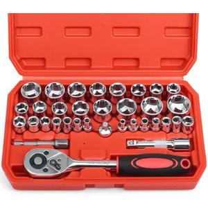 Egofine 34 Pieces 3/8 inch Drive Socket Ratchet Wrench Set, with Socket Set Metric/SAE and Extension Bar for Auto Repairing and Household, with Storage Case Not complect