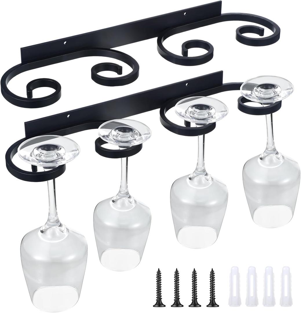 Wenqik 2 Pcs Wall Mounted Wine Glass Rack Stemware Glasses Holder Metal Black Wire Wine Cup Hanger Holder for Stemware Storage Organizer Bar Kitchen (15.12 Inch)
