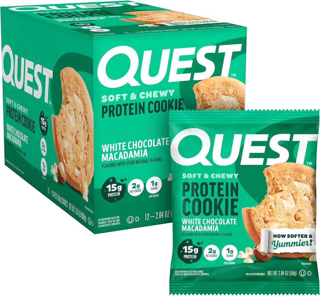 Quest Nutrition White Chocolate Macadamia Protein Cookie, 15g Protein, 1g Sugar, 2g Net Carbs, Keto Friendly, High Protein, Low Carb; 12 Count (EXP 08/22/25)