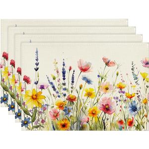 Artoid Mode Daisy Lavender Floral Leaves Spring Placemats Set of 4,12x18 Inch Seasonal Spring Table Mats for Party Kitchen Dining Decoration (Beige)