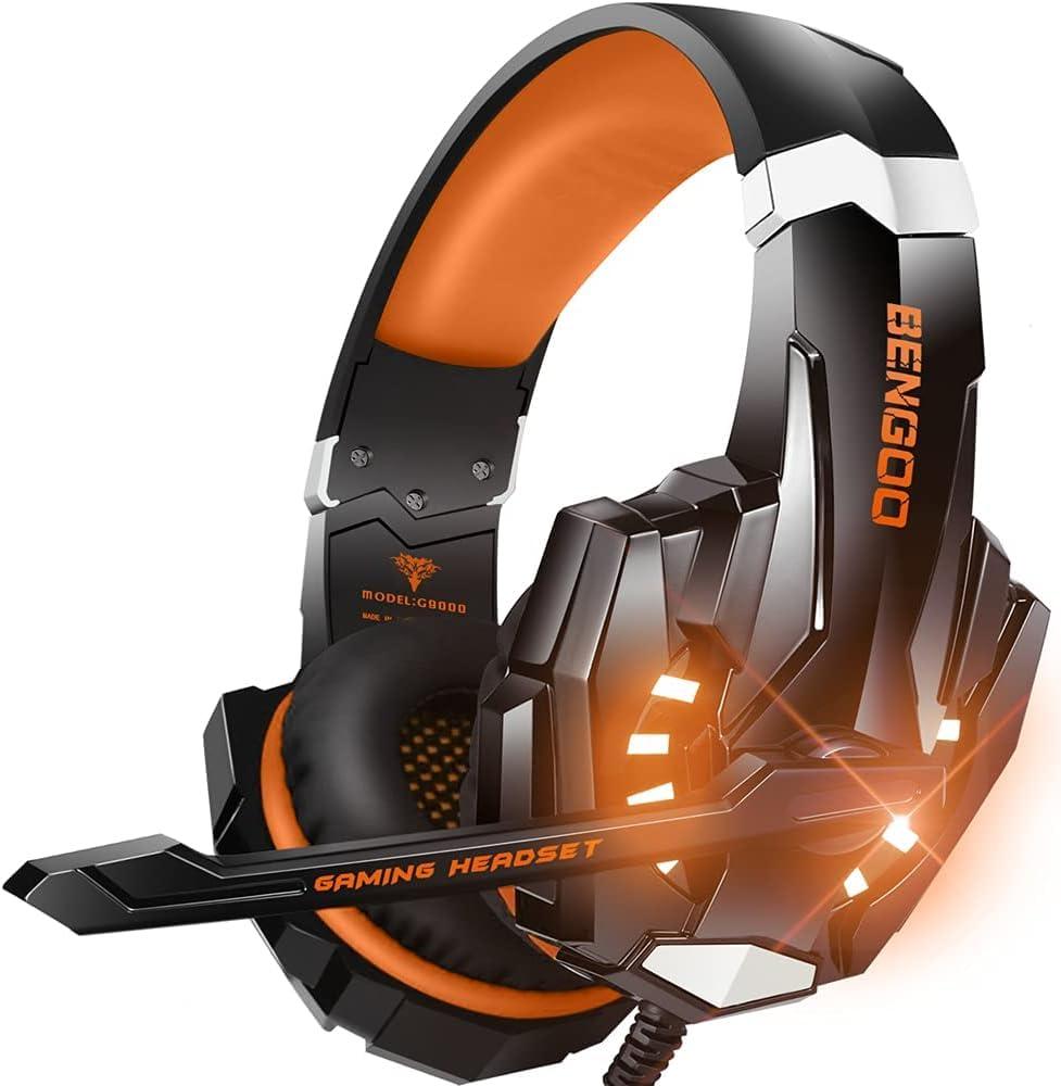 BENGOO G9000 Stereo Gaming Headset for PS4, PC, Xbox One Controller, Noise Cancelling Over Ear Headphones with Mic, LED Light, Bass Surround, Soft Memory Earmuffs (Orange)