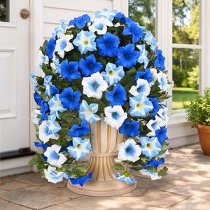 Yastouay Artificial Flowers for Outdoors, 4 Pack Artificial Petunias Fake Flowers, UV Resistant Realistic Hanging Flowers Plants for Outside Porch Patio Garden Spring Summer Decor(Blue White)