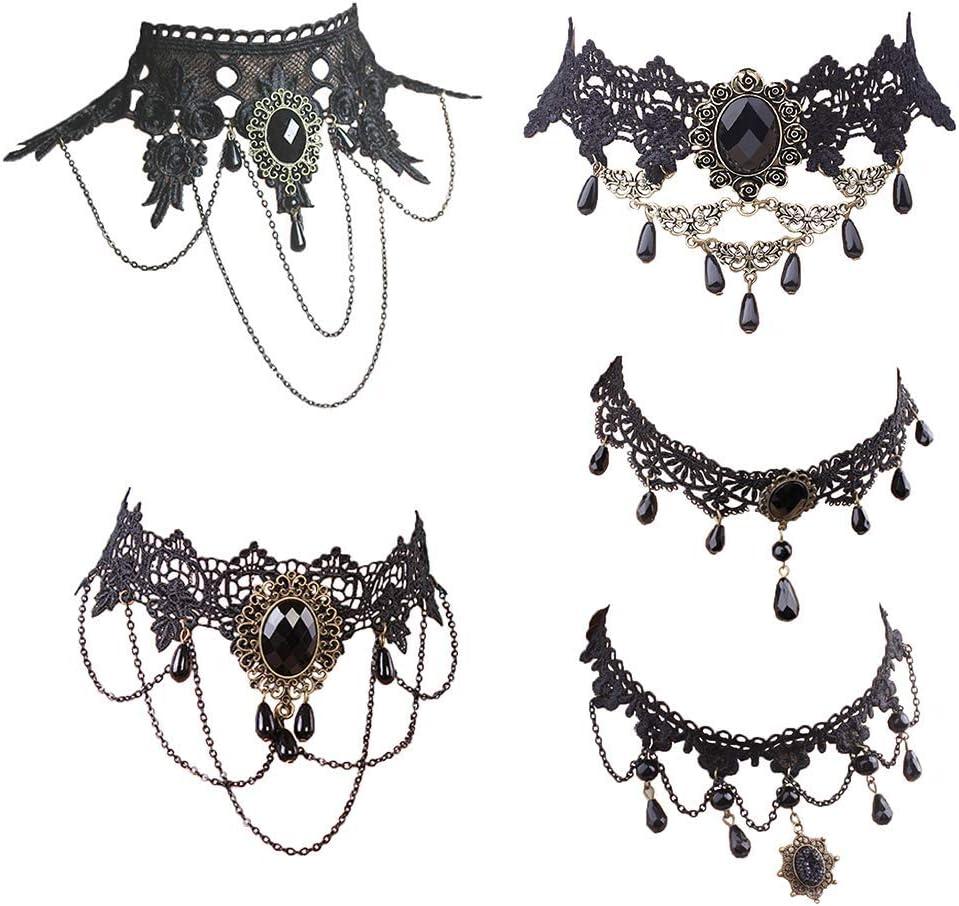 Halloween Elegant Sexy Women Lady Retro Gothic Punk Style Necklace Black Lace Neck Chain Collar Statement Choker Victorian Steampunk Jewelry Party Wedding Princess,5 Pieces/Set